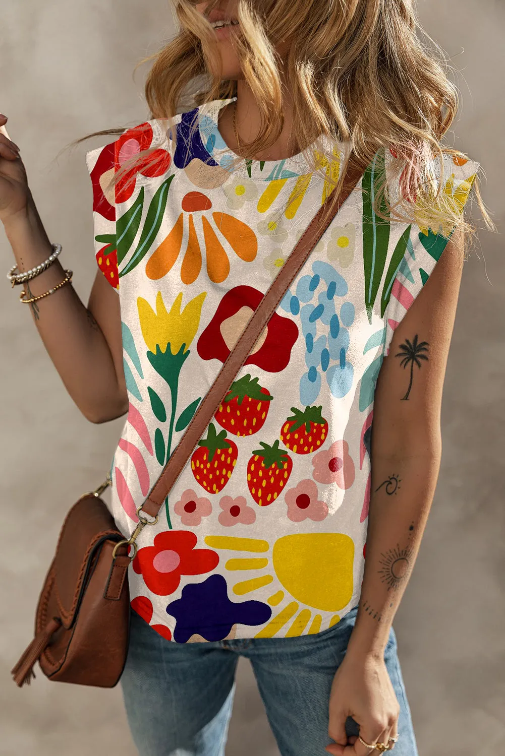 Khaki Plant Print Round Neck Cap Sleeve T Shirt