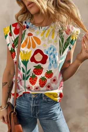 Khaki Plant Print Round Neck Cap Sleeve T Shirt