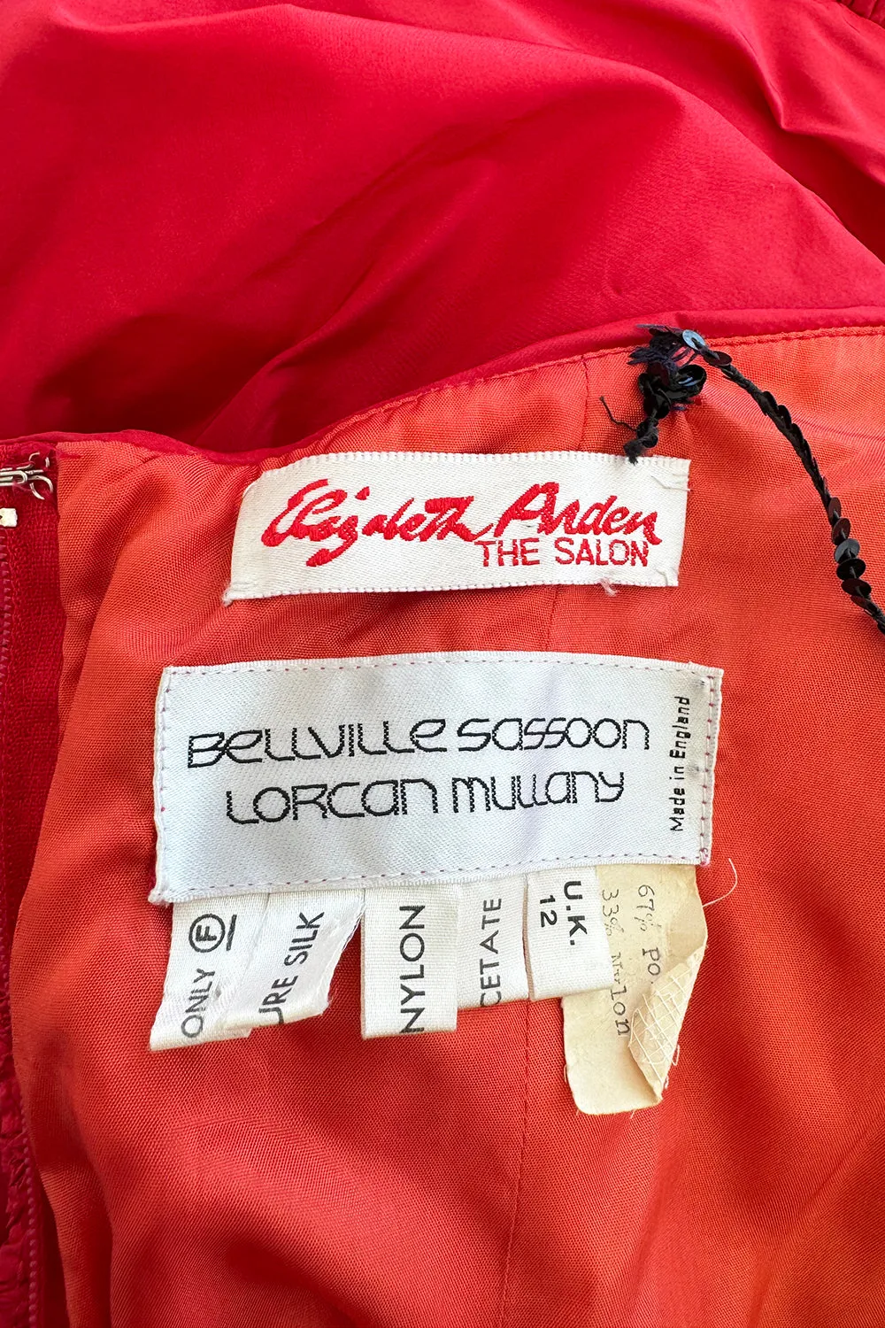 Late 1980s Bellville Sassoon Strapless Red Silk Dress w Full Skirt & Black Glitter Tulle Underskirt & Bow