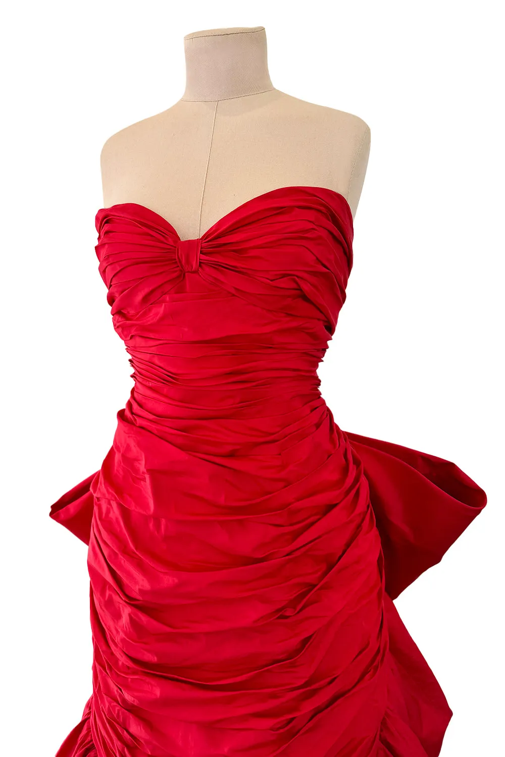 Late 1980s Bellville Sassoon Strapless Red Silk Dress w Full Skirt & Black Glitter Tulle Underskirt & Bow