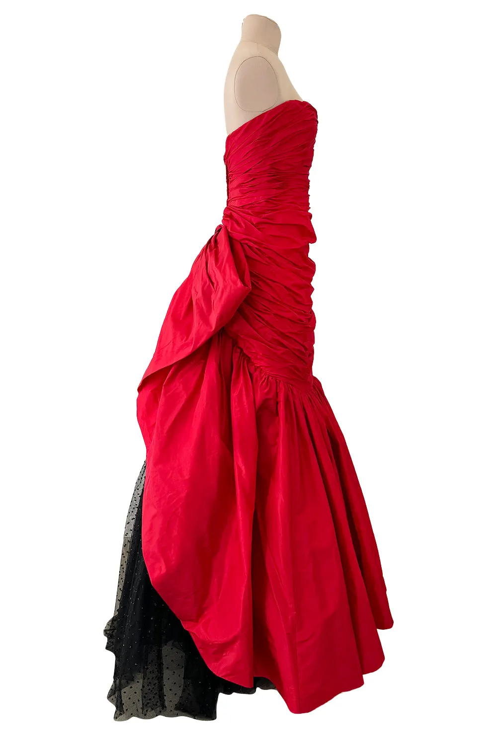 Late 1980s Bellville Sassoon Strapless Red Silk Dress w Full Skirt & Black Glitter Tulle Underskirt & Bow
