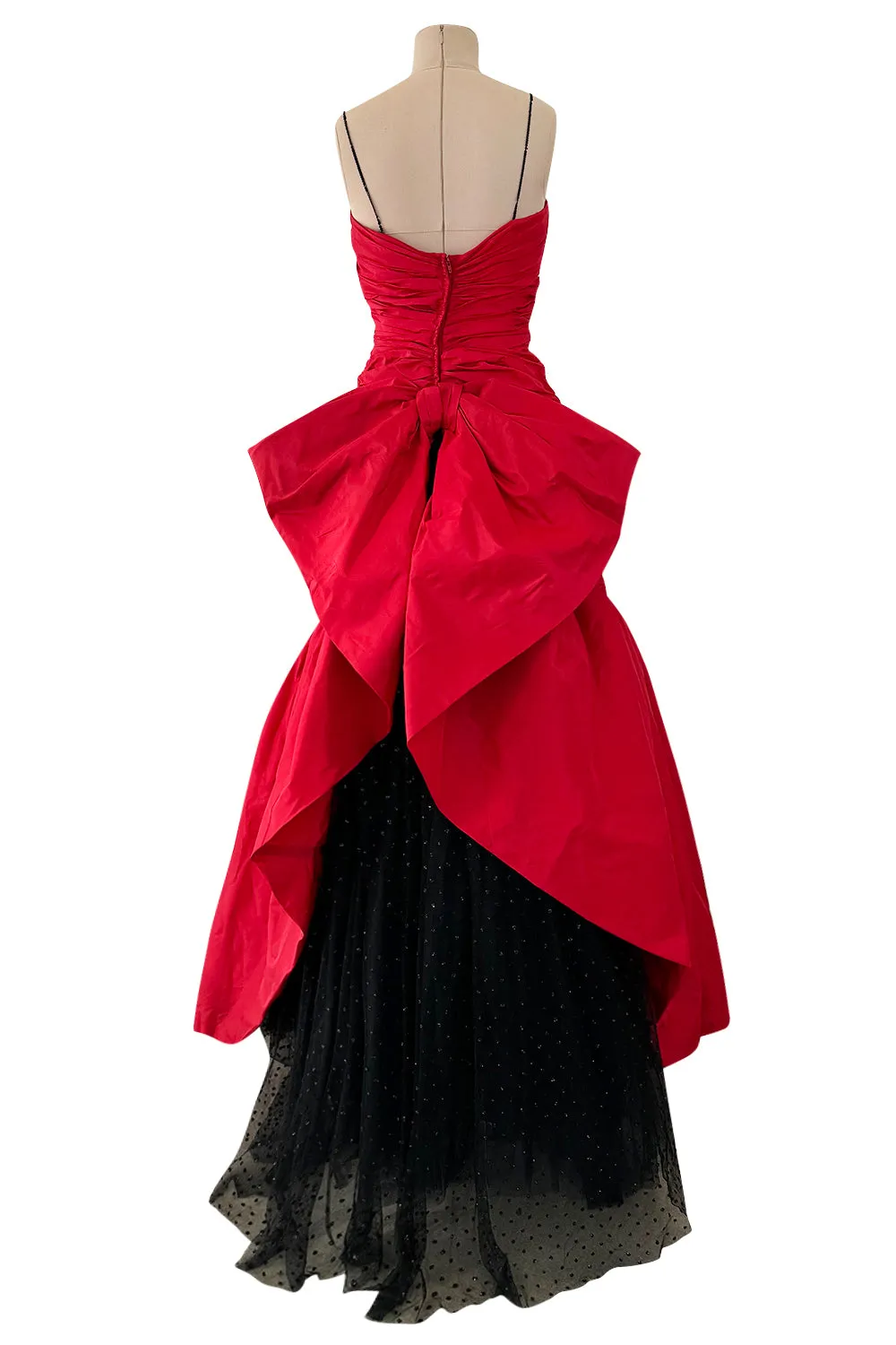 Late 1980s Bellville Sassoon Strapless Red Silk Dress w Full Skirt & Black Glitter Tulle Underskirt & Bow