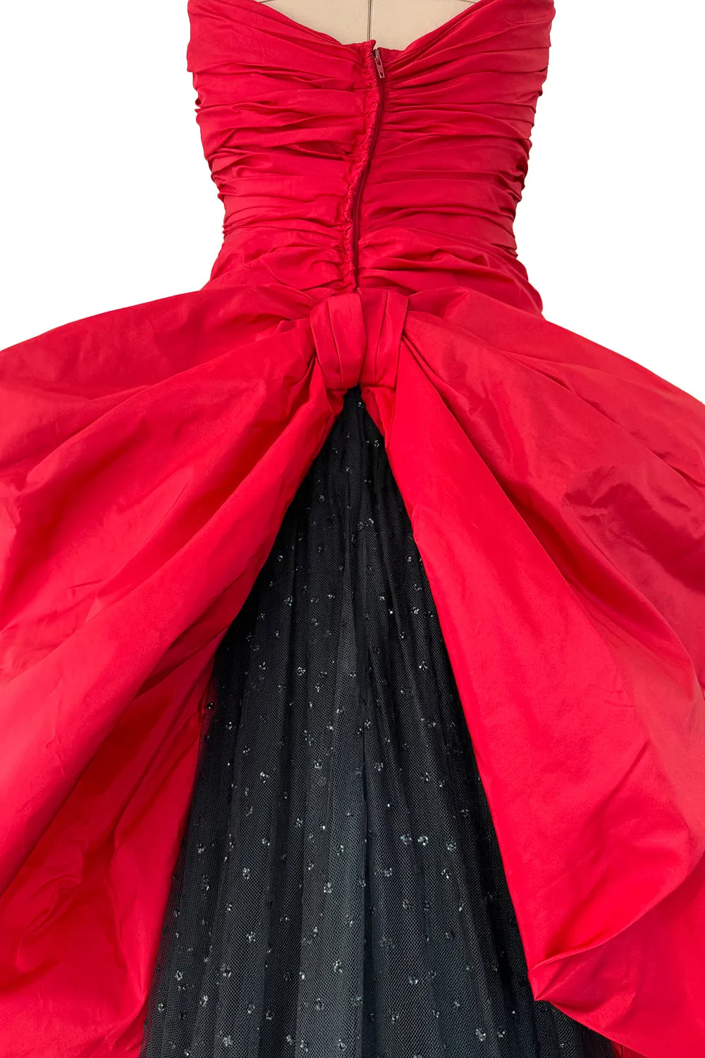 Late 1980s Bellville Sassoon Strapless Red Silk Dress w Full Skirt & Black Glitter Tulle Underskirt & Bow