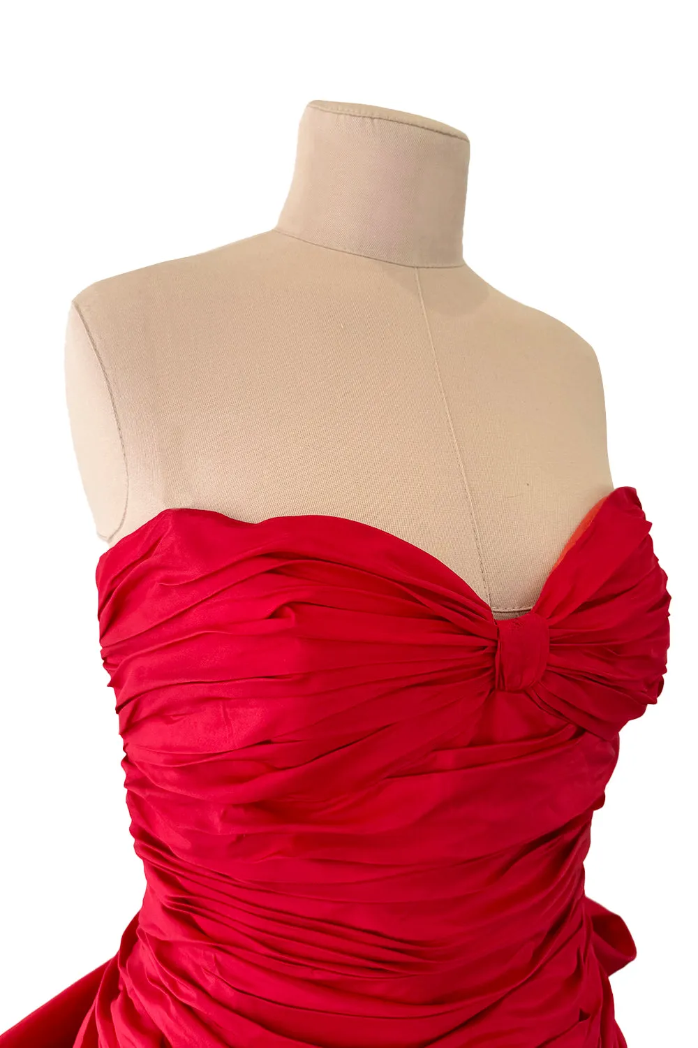 Late 1980s Bellville Sassoon Strapless Red Silk Dress w Full Skirt & Black Glitter Tulle Underskirt & Bow