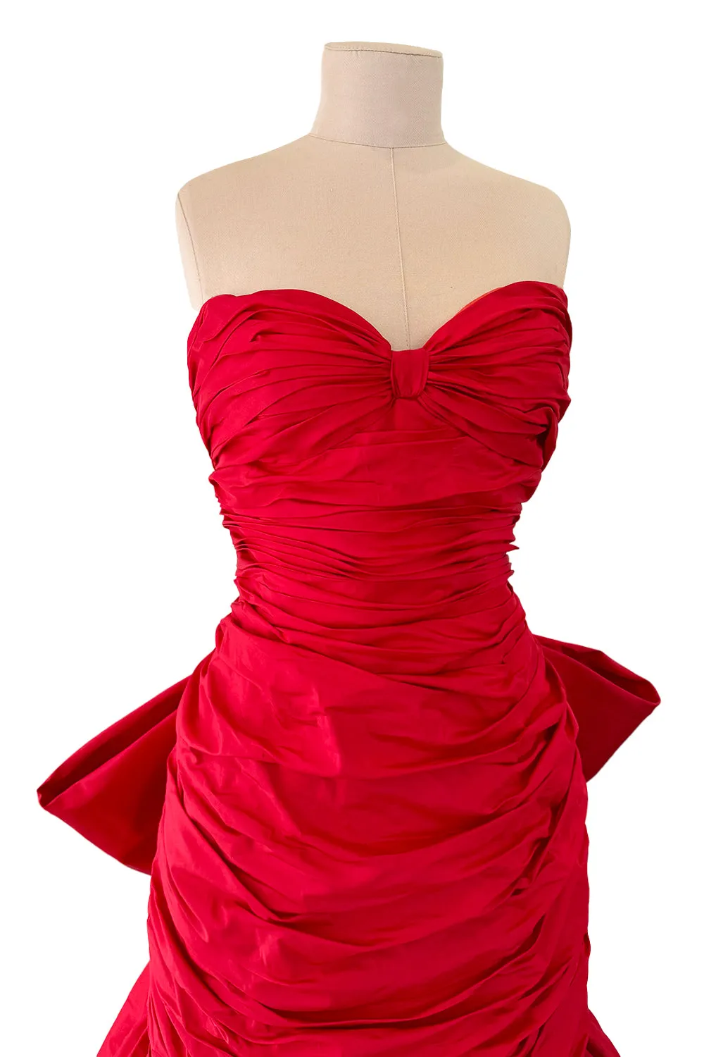 Late 1980s Bellville Sassoon Strapless Red Silk Dress w Full Skirt & Black Glitter Tulle Underskirt & Bow