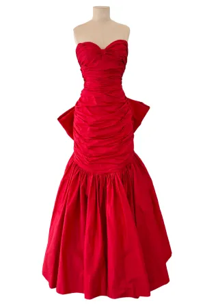 Late 1980s Bellville Sassoon Strapless Red Silk Dress w Full Skirt & Black Glitter Tulle Underskirt & Bow
