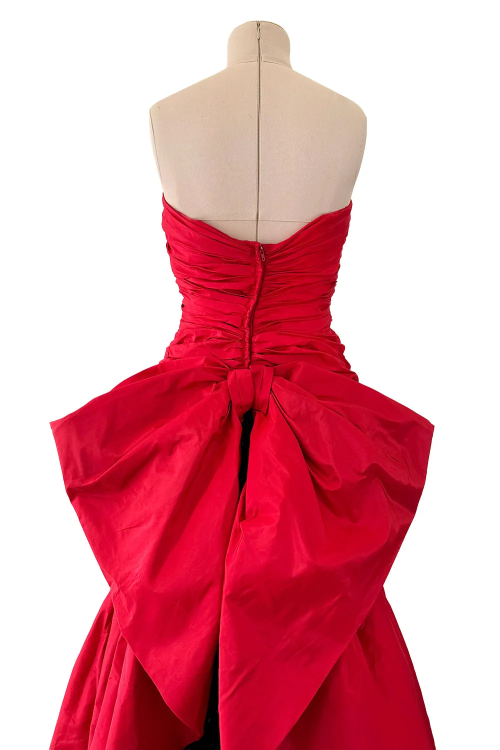 Late 1980s Bellville Sassoon Strapless Red Silk Dress w Full Skirt & Black Glitter Tulle Underskirt & Bow
