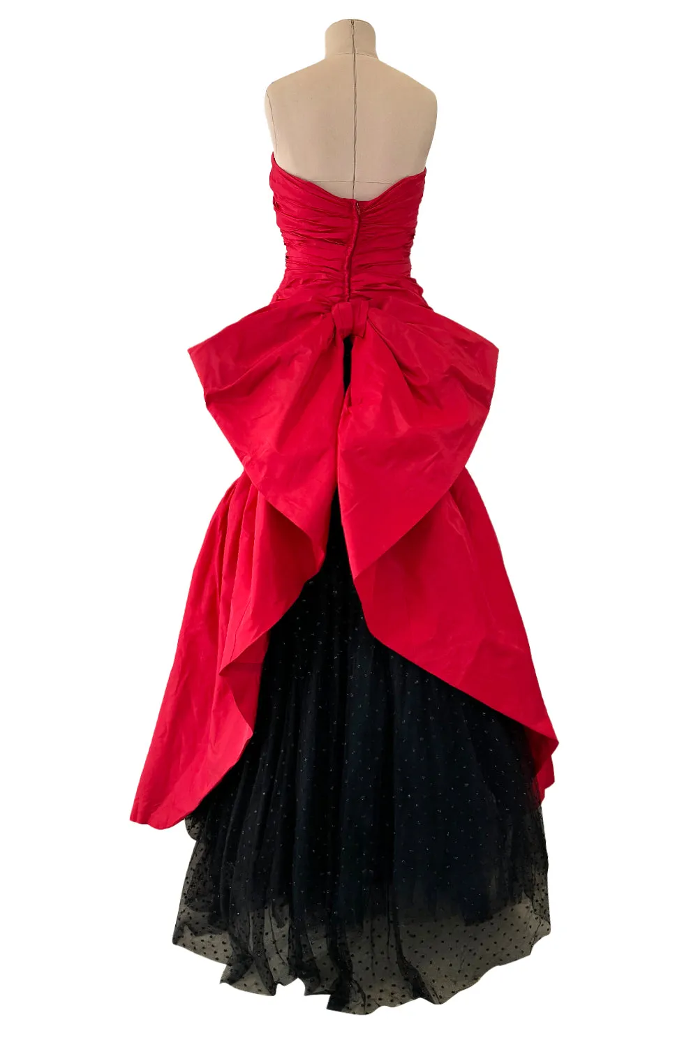 Late 1980s Bellville Sassoon Strapless Red Silk Dress w Full Skirt & Black Glitter Tulle Underskirt & Bow