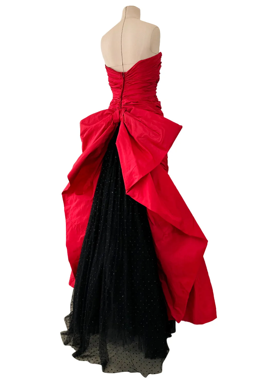 Late 1980s Bellville Sassoon Strapless Red Silk Dress w Full Skirt & Black Glitter Tulle Underskirt & Bow
