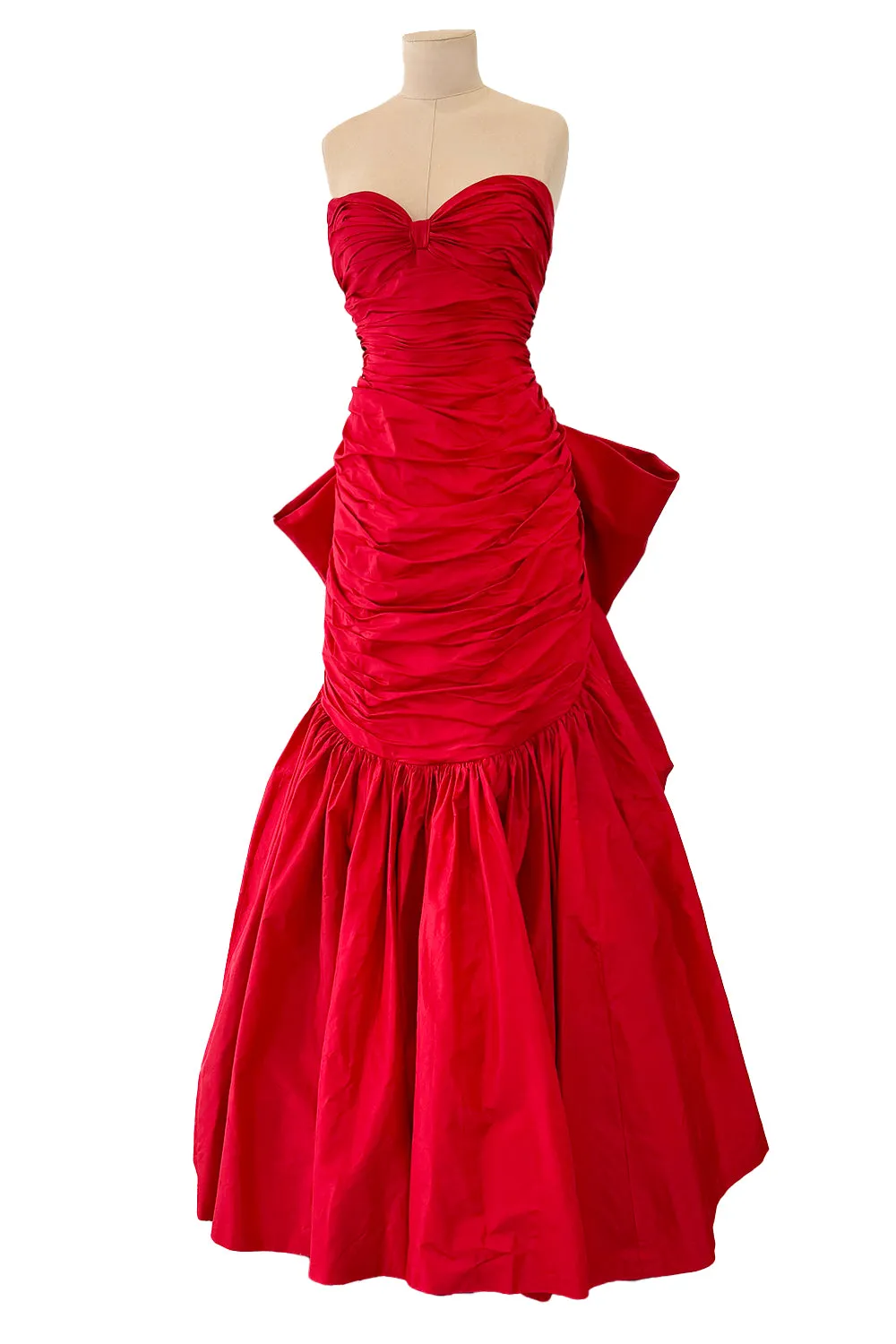 Late 1980s Bellville Sassoon Strapless Red Silk Dress w Full Skirt & Black Glitter Tulle Underskirt & Bow