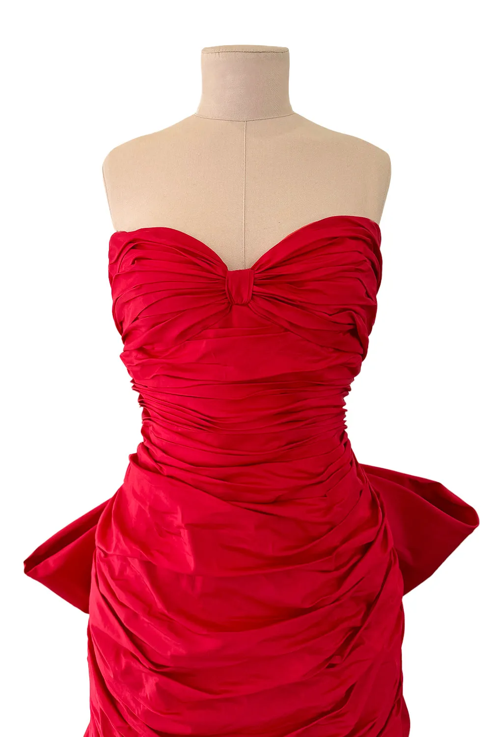 Late 1980s Bellville Sassoon Strapless Red Silk Dress w Full Skirt & Black Glitter Tulle Underskirt & Bow