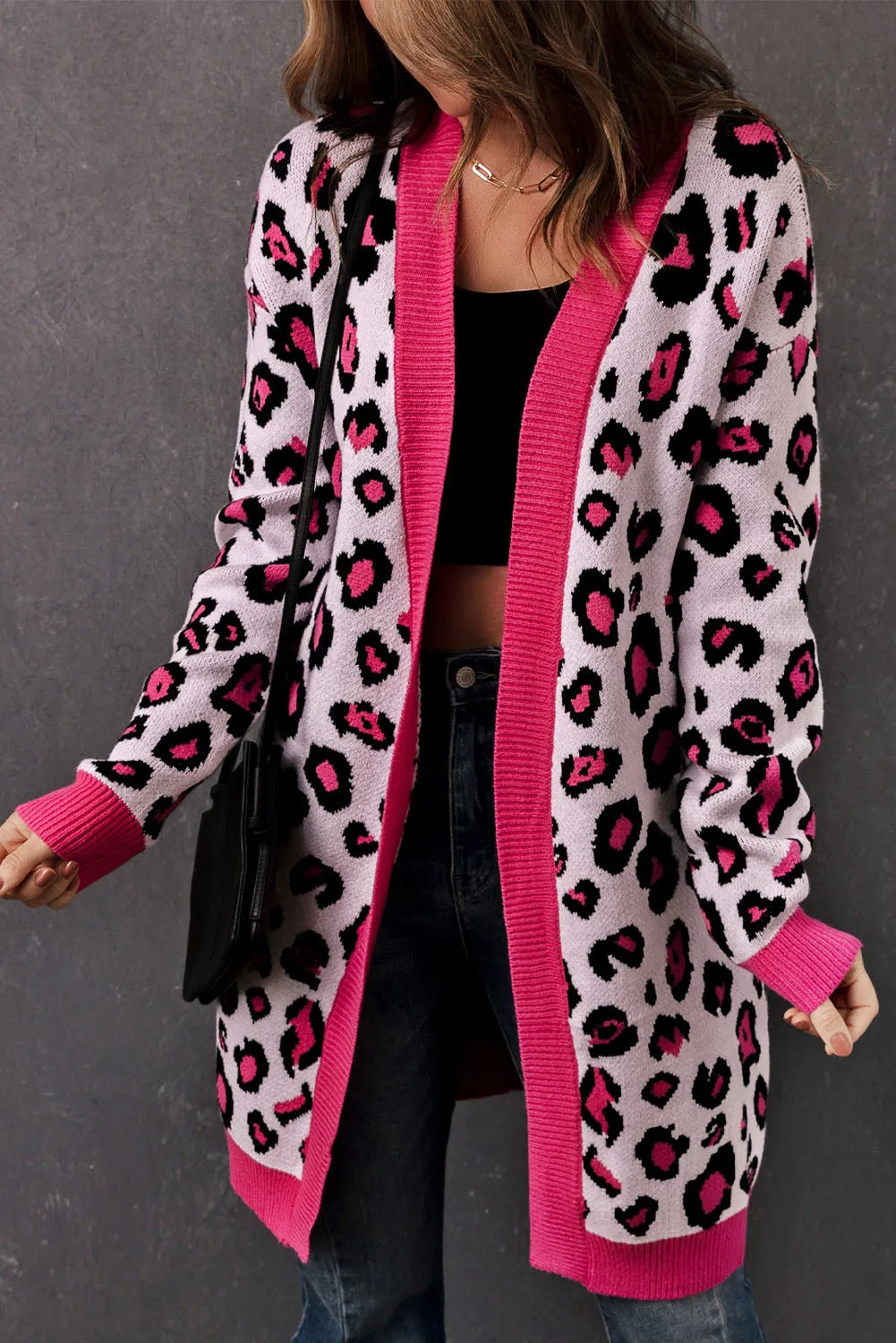 Leopard Contrast Trim Open Front Longline Cardigan*