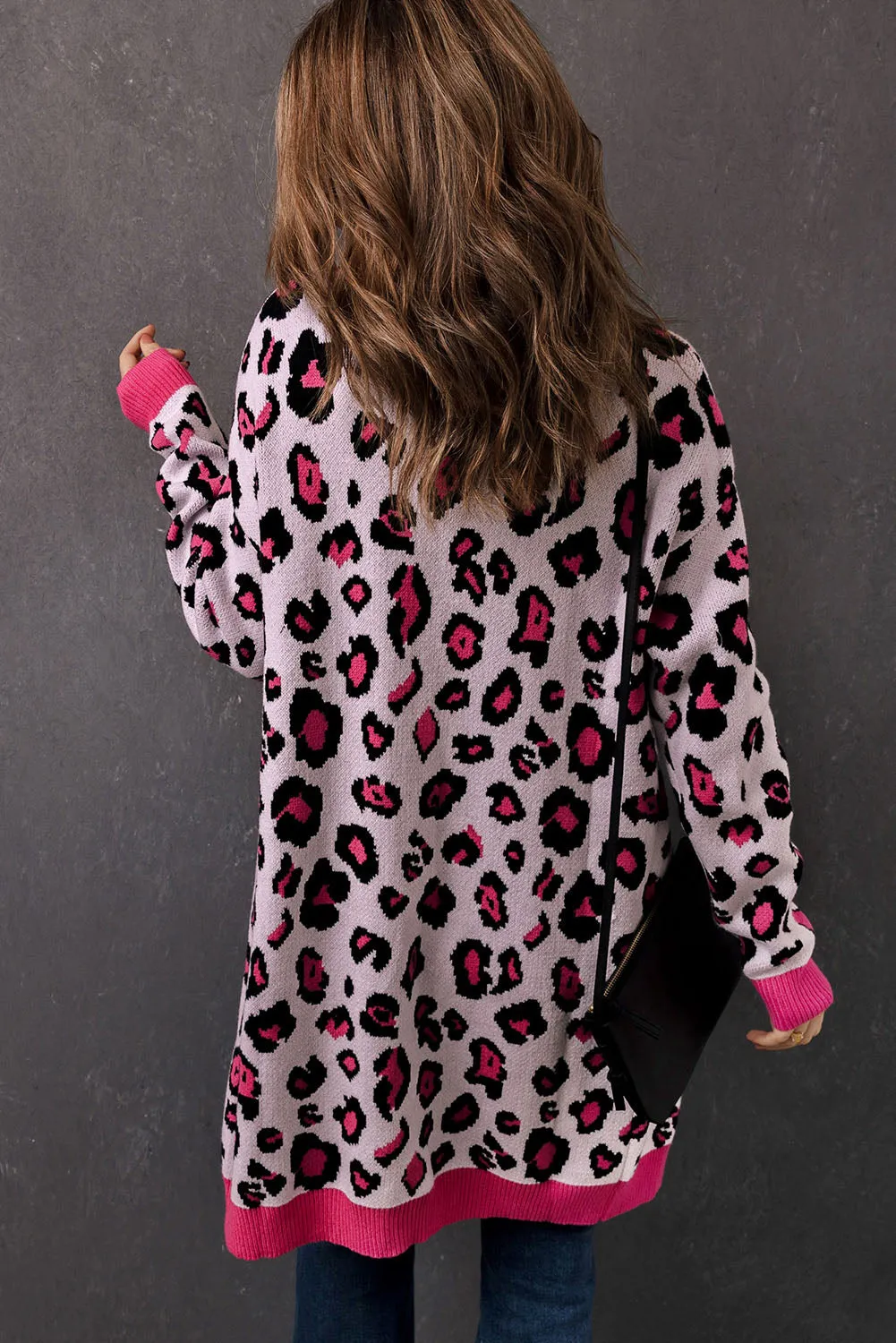 Leopard Contrast Trim Open Front Longline Cardigan*