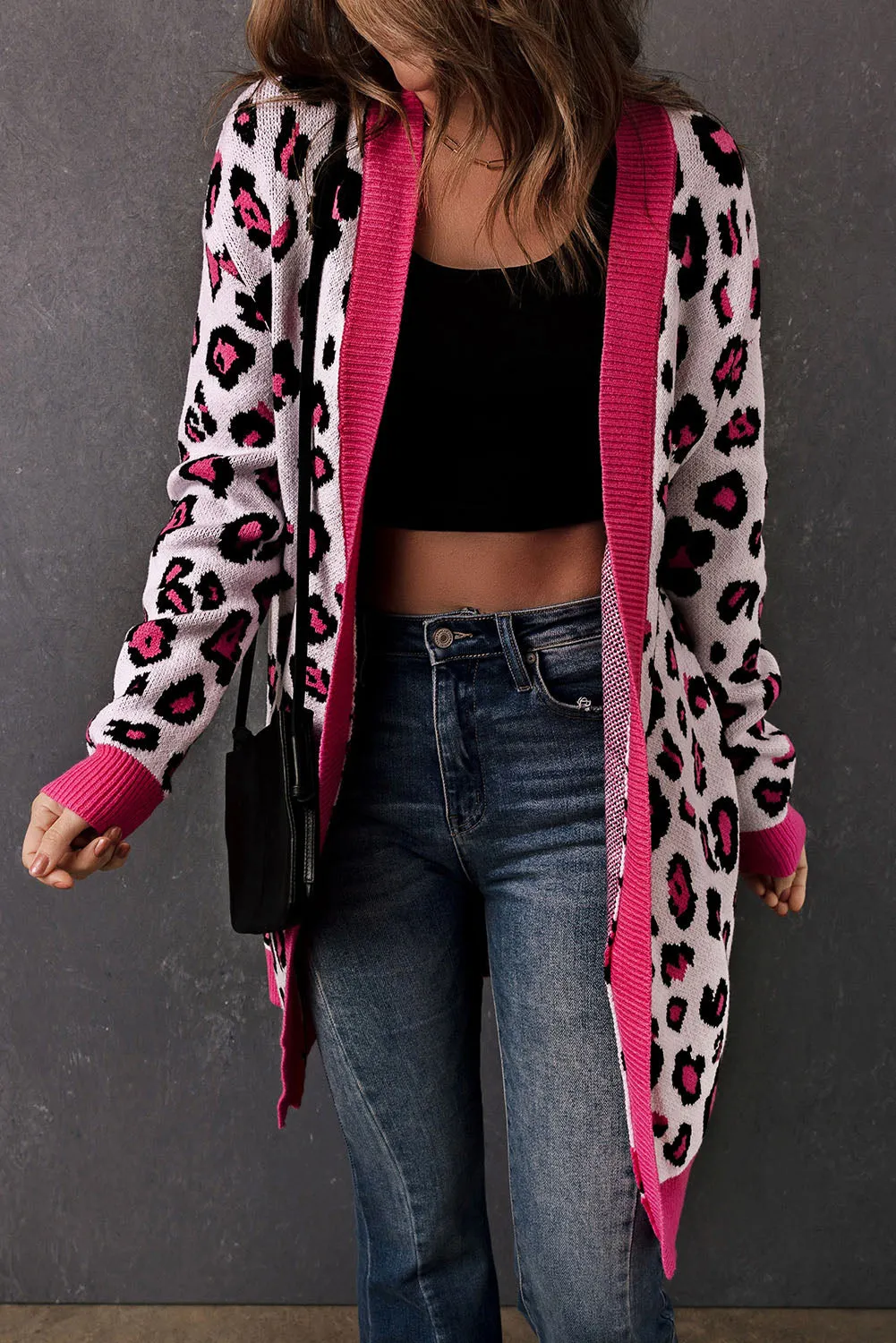 Leopard Contrast Trim Open Front Longline Cardigan*