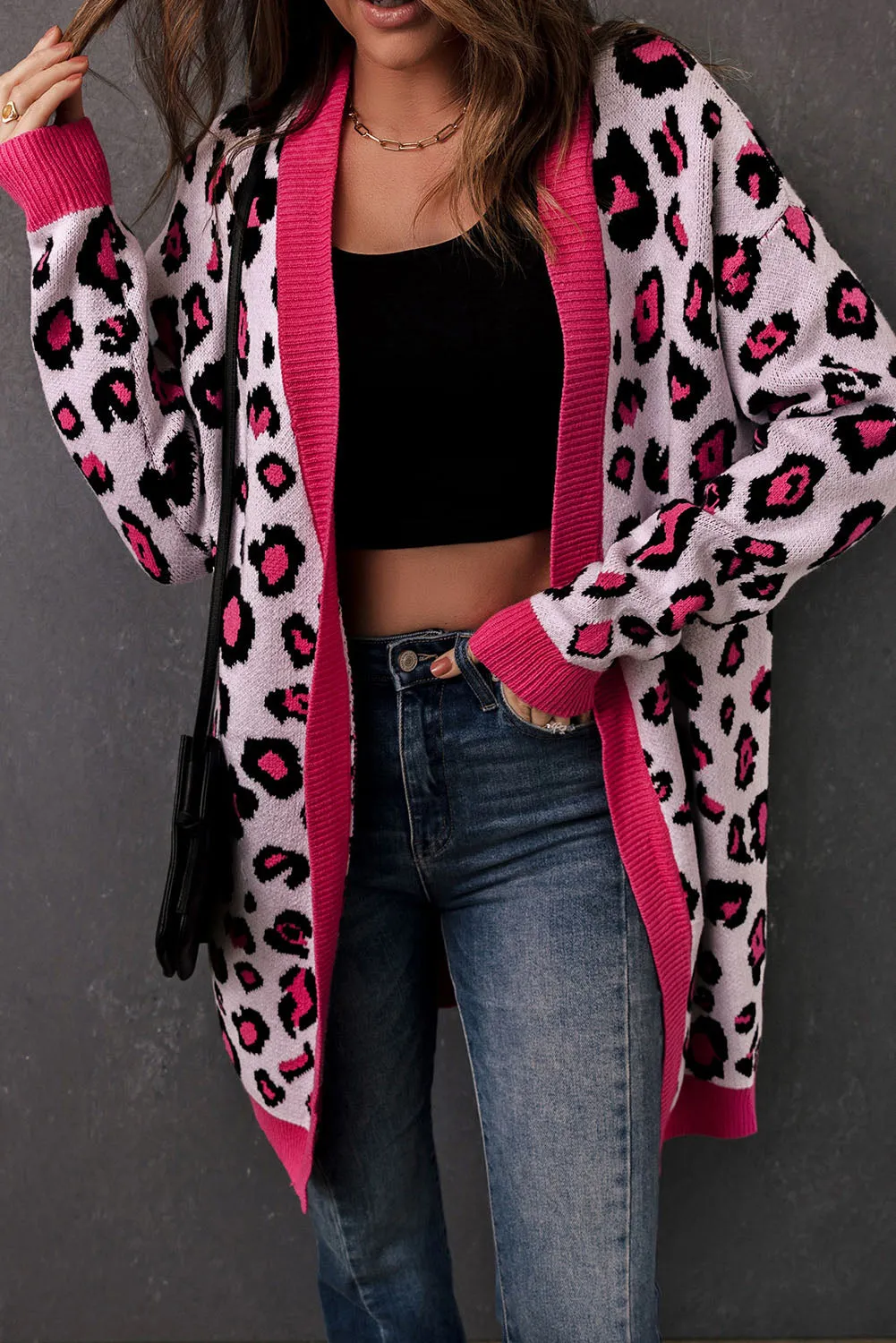 Leopard Contrast Trim Open Front Longline Cardigan*