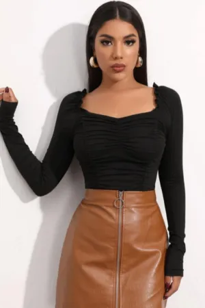 Lettuce Hem Full Sleeve Black Rib Top
