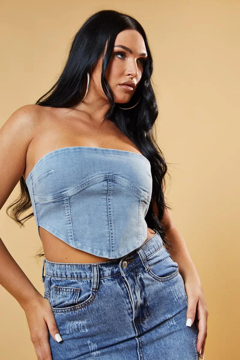 Light Blue Denim Bandeau Corset Detail Cropped Top - Sanvi