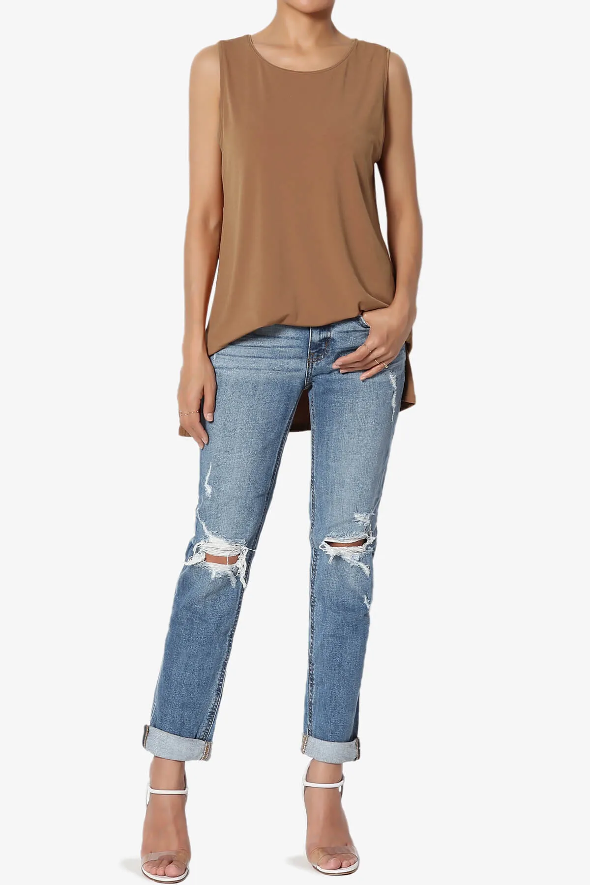 Lilly Sleeveless Side Slit Fluid Knit Tank Top