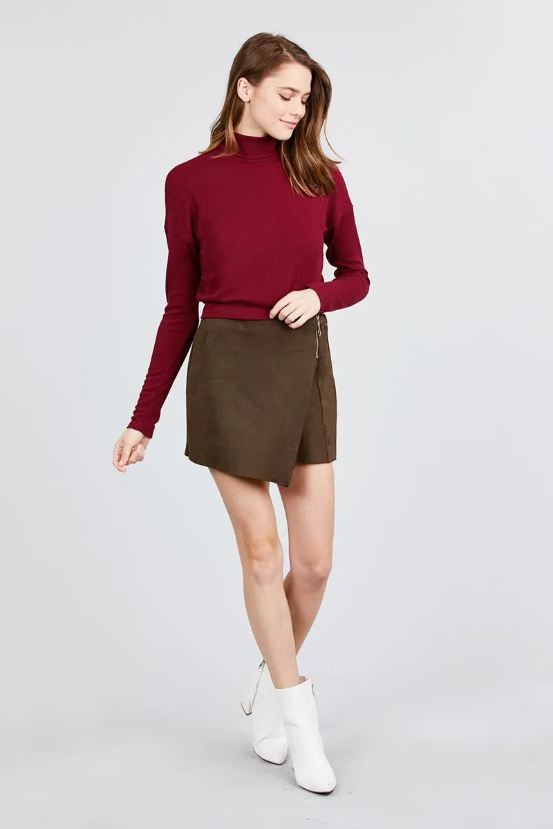 Long Dolman Sleeve Turtle Neck Rib Knit Top