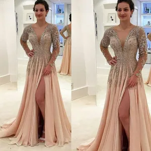 long sleeve beaded prom dresses deep v neck crystals champagne elegant prom gown 2020 robe de soiree