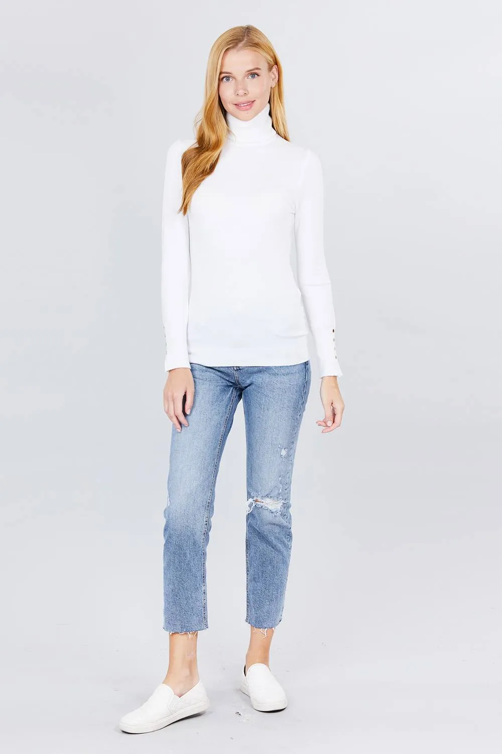 Long Sleeve With Metal Button Detail Turtle Neck Viscose Sweater