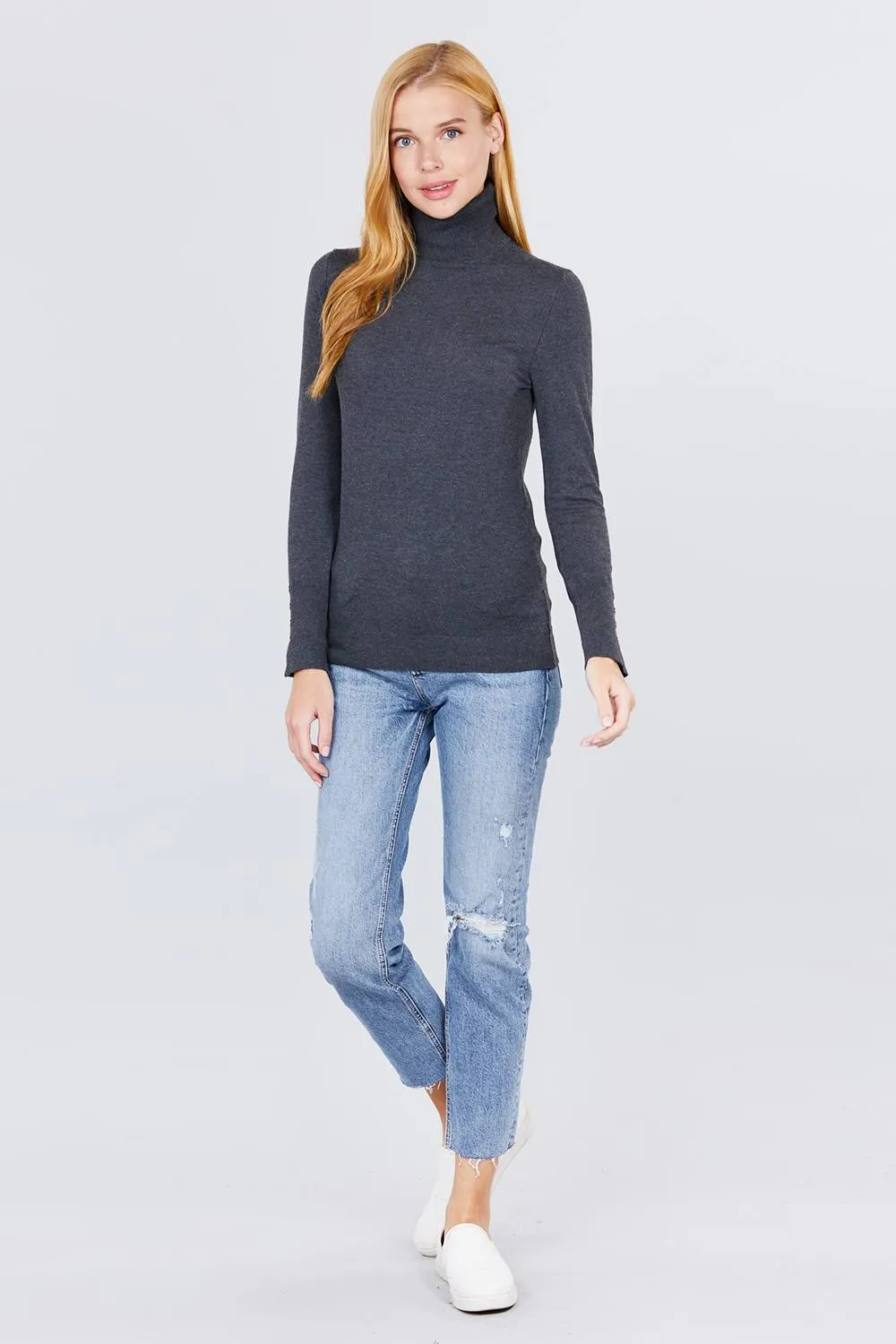 Long Sleeve With Metal Button Detail Turtle Neck Viscose Sweater