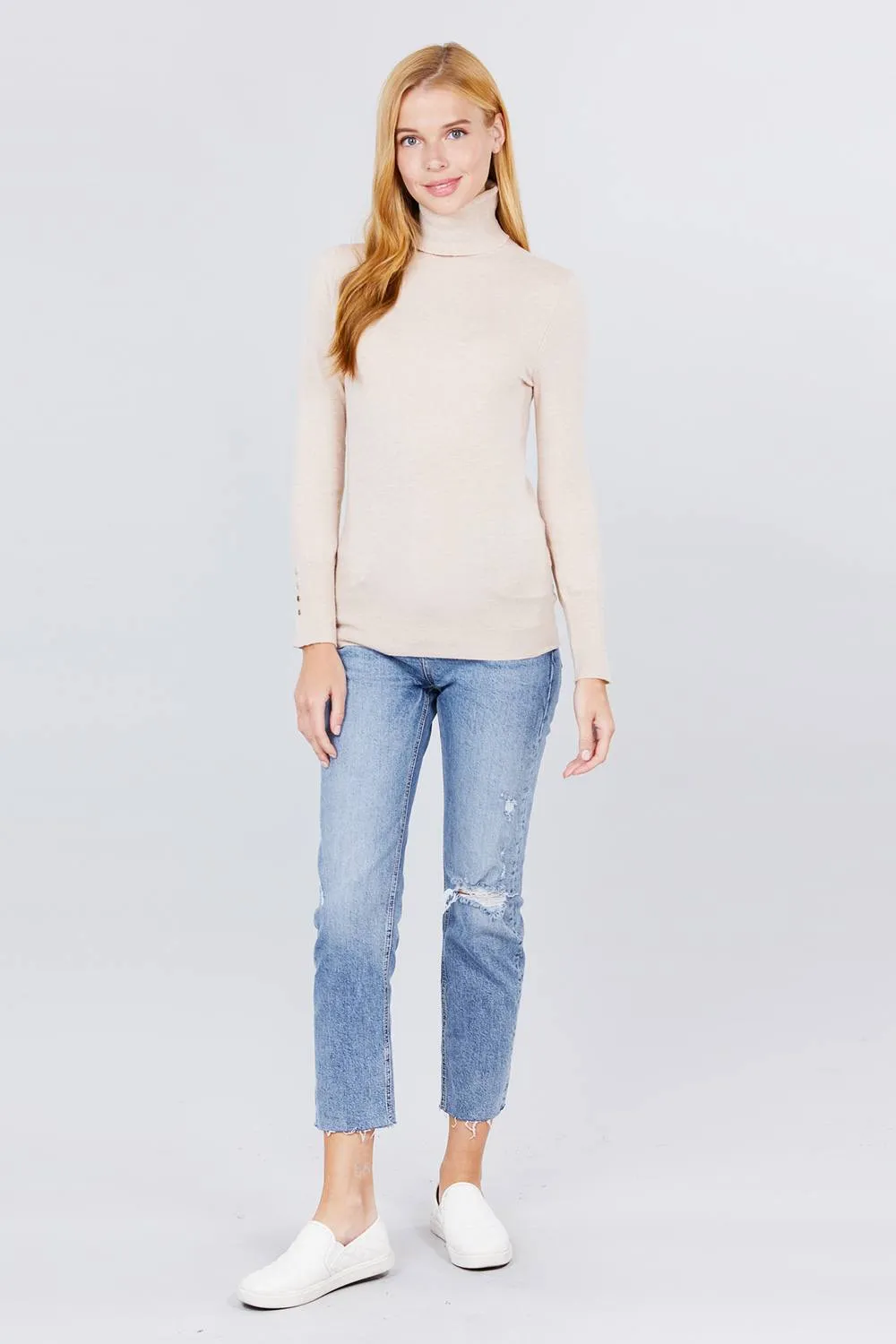 Long Sleeve With Metal Button Detail Turtle Neck Viscose Sweater