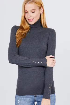 Long Sleeve With Metal Button Detail Turtle Neck Viscose Sweater