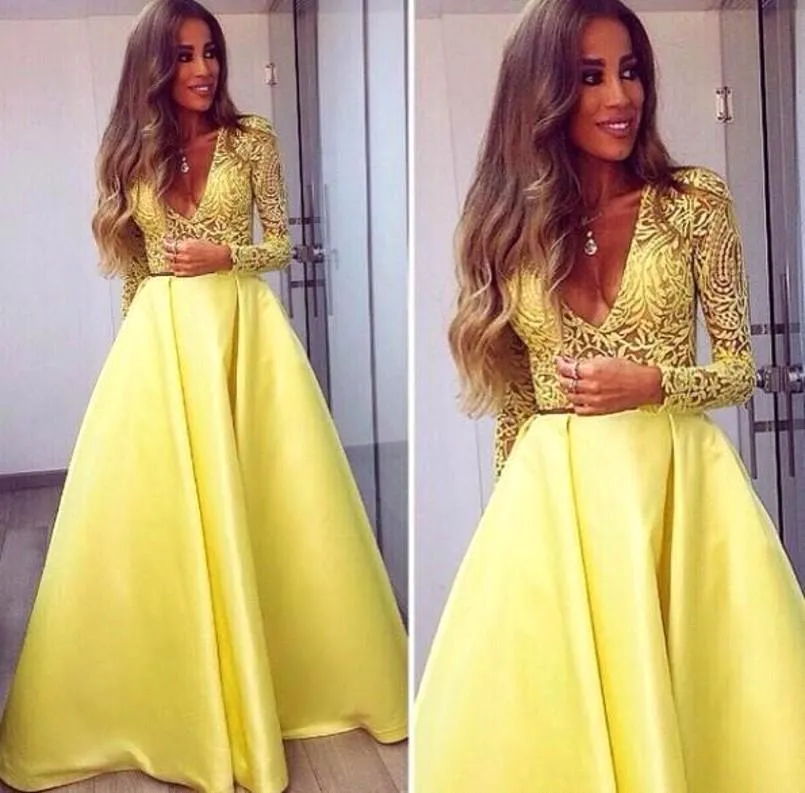 long sleeve yellow prom dresses 2020 lace appliqué deep v neck elegant sexy senior formal prom gown