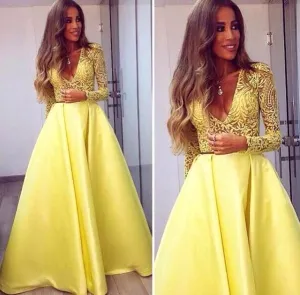 long sleeve yellow prom dresses 2020 lace appliqué deep v neck elegant sexy senior formal prom gown