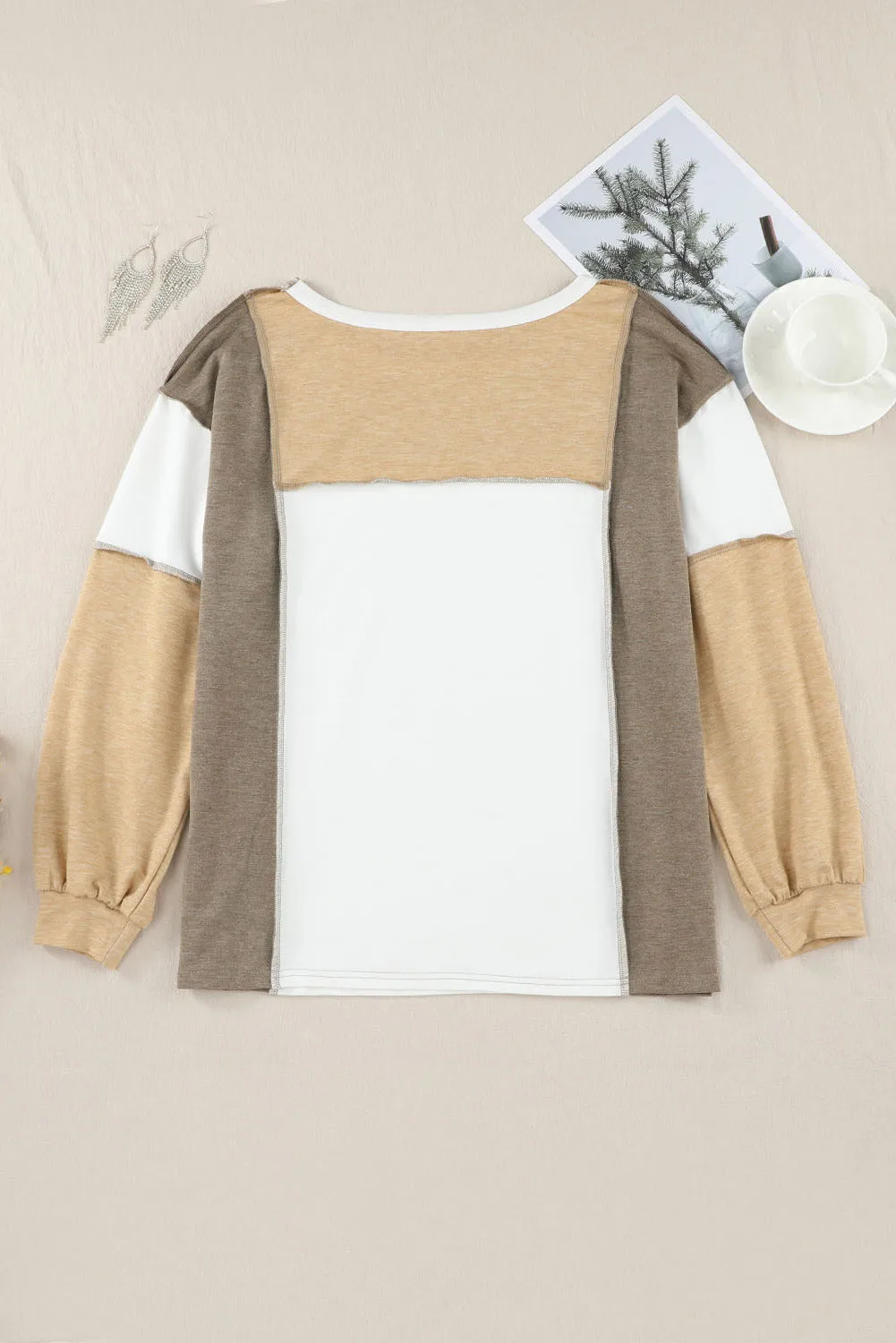 Madison Exposed Seam Contrast Round Neck Long Sleeve Top