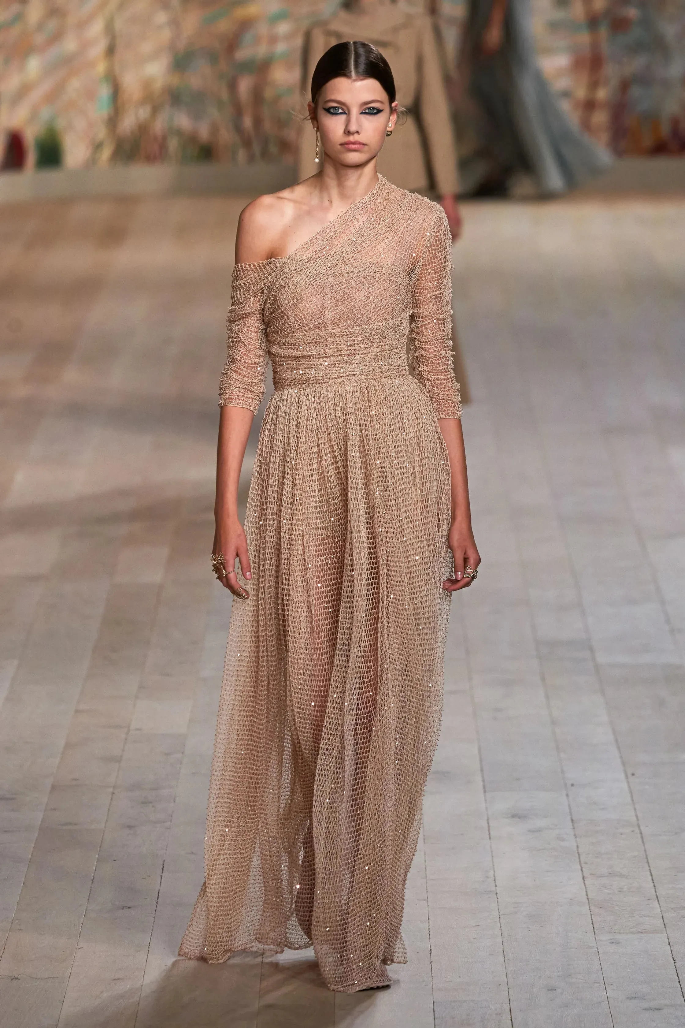 Magical Fall 2021 Christian Dior by Maria Grazia Chiuri Fine Gold Metallic Net Dress w Full Skirt