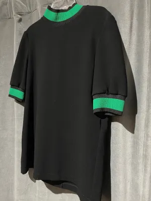 Maje Black Short Sleeve Top with Green knit Neck and Cuff