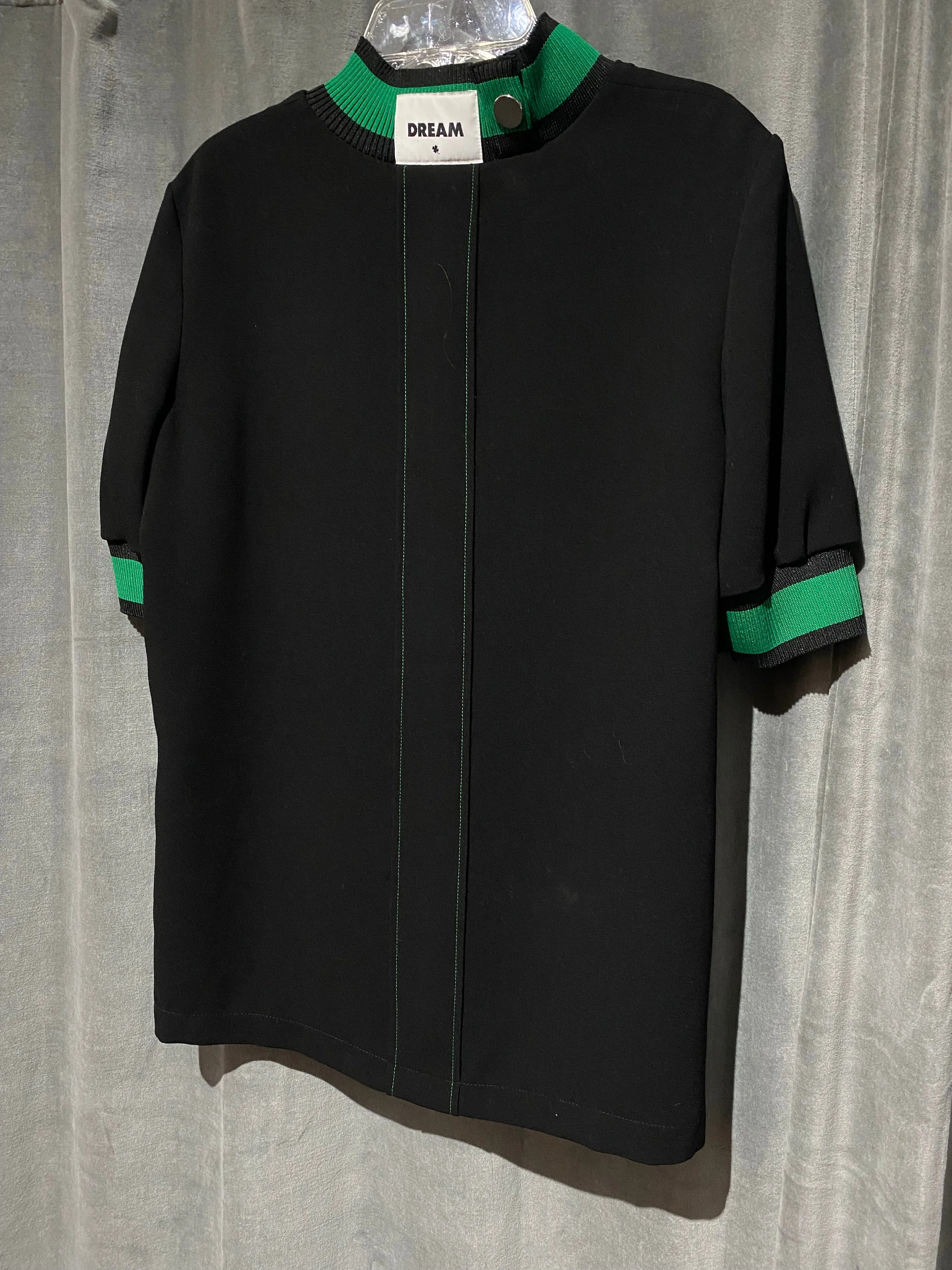 Maje Black Short Sleeve Top with Green knit Neck and Cuff