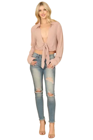 Mauve Deep Neck Front Knot Long Sleeve Crop Top - Pack of 5