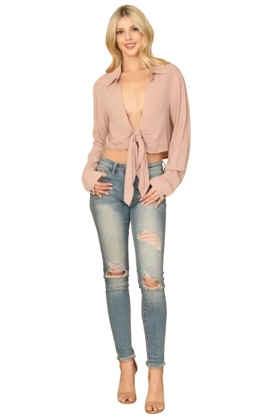Mauve Deep Neck Front Knot Long Sleeve Crop Top - Pack of 5