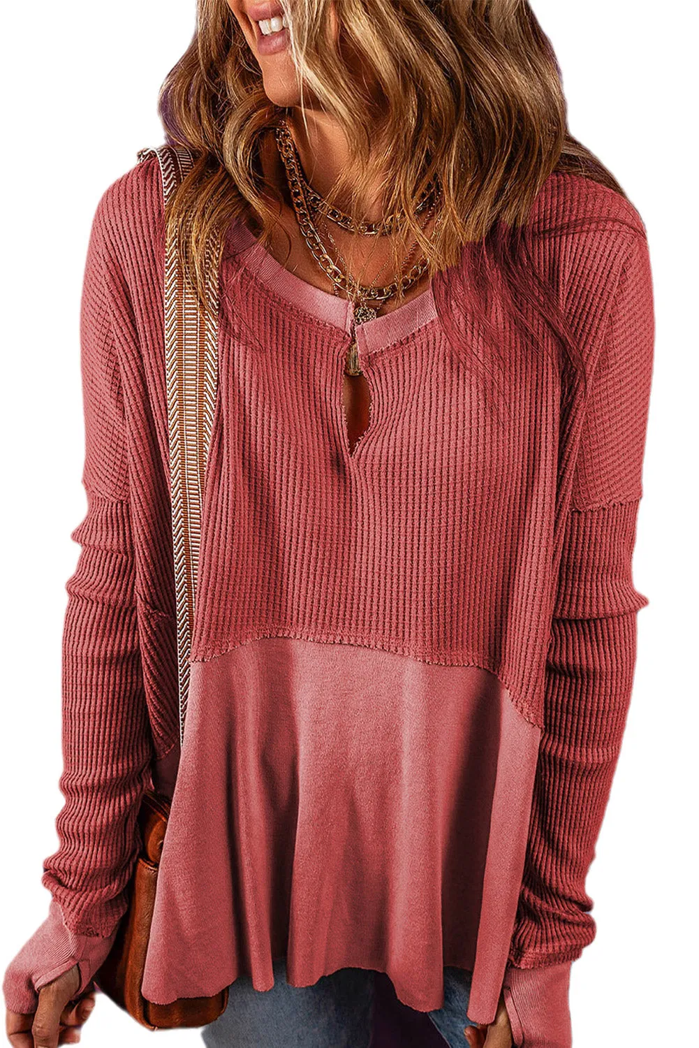 Mineral Red Exposed Seam Slit Neck Waffle Knit Patchwork Top