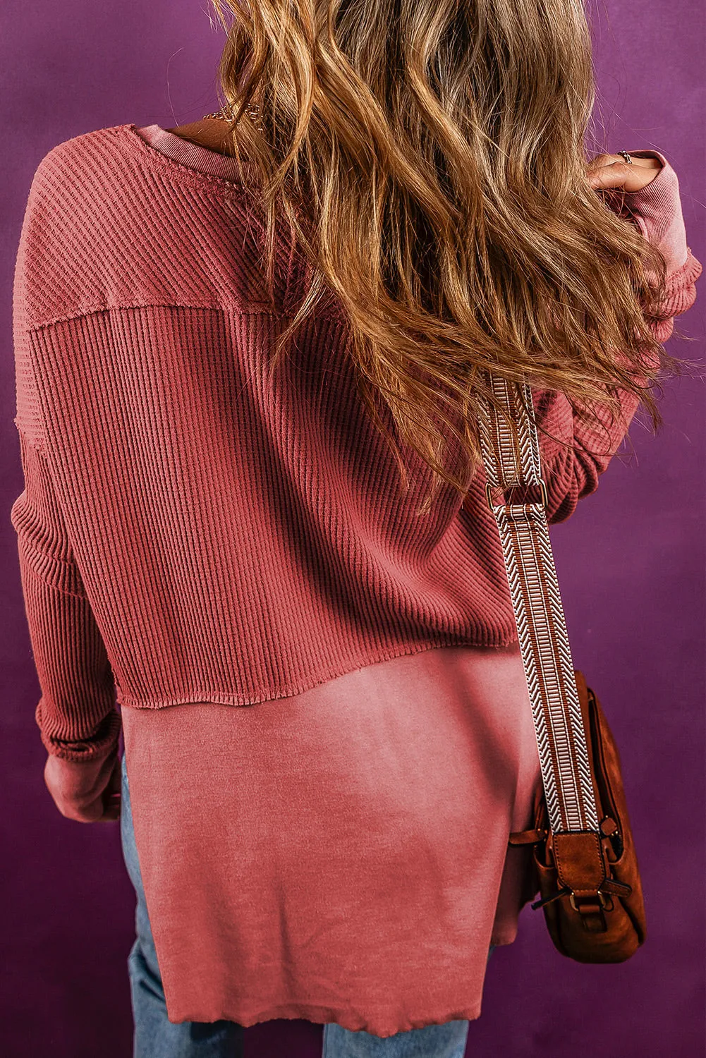 Mineral Red Exposed Seam Slit Neck Waffle Knit Patchwork Top