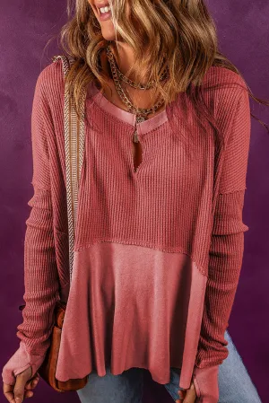Mineral Red Exposed Seam Slit Neck Waffle Knit Patchwork Top
