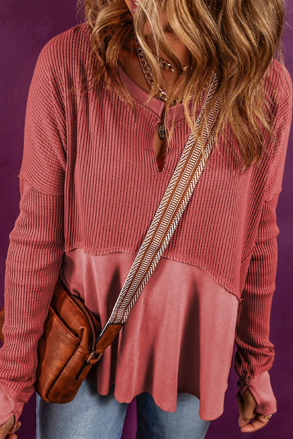 Mineral Red Exposed Seam Slit Neck Waffle Knit Patchwork Top