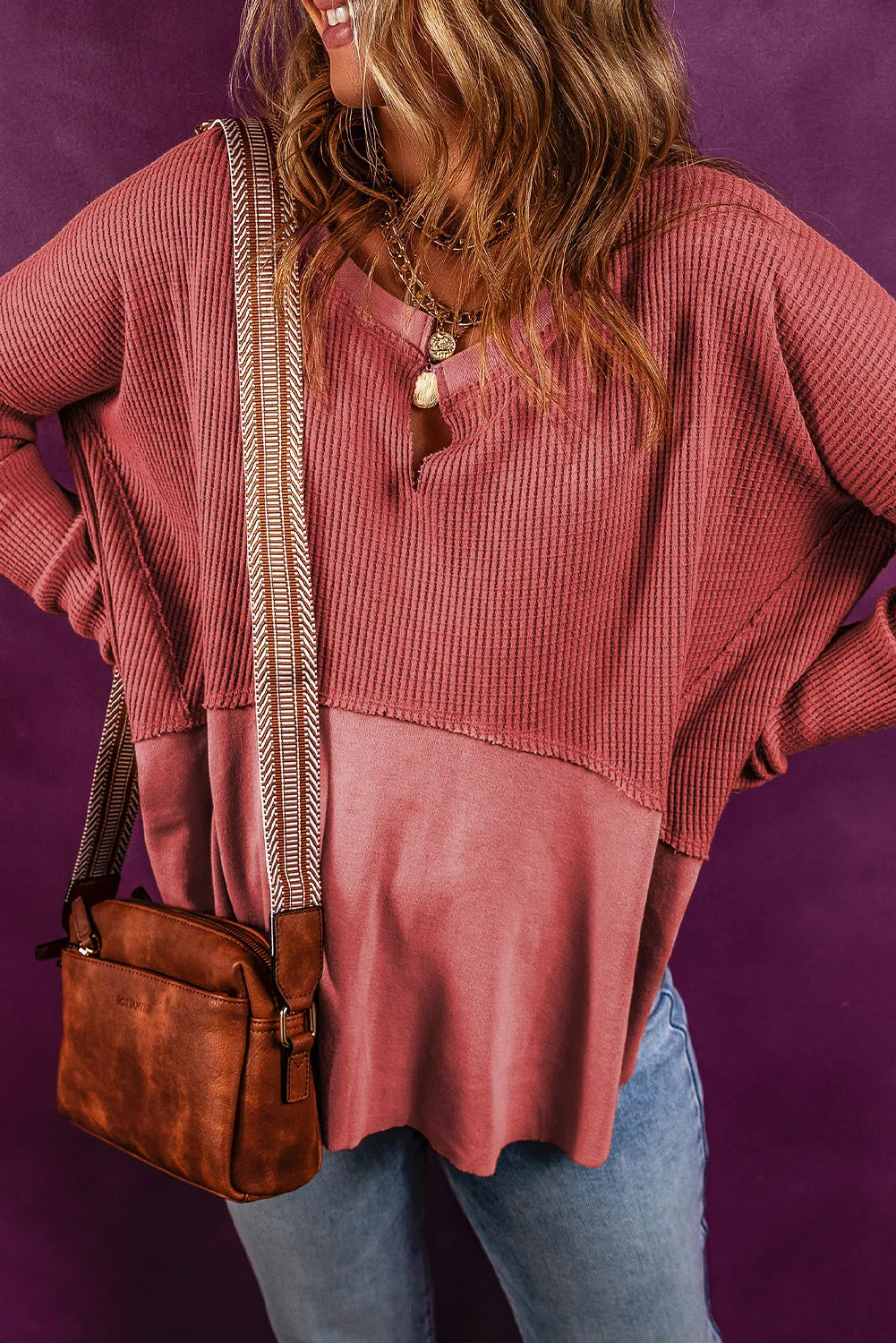 Mineral Red Exposed Seam Slit Neck Waffle Knit Patchwork Top