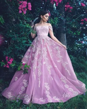 modest pink prom dresses boat neck lace appliqué elegant a line senior prom gown vestido de longo