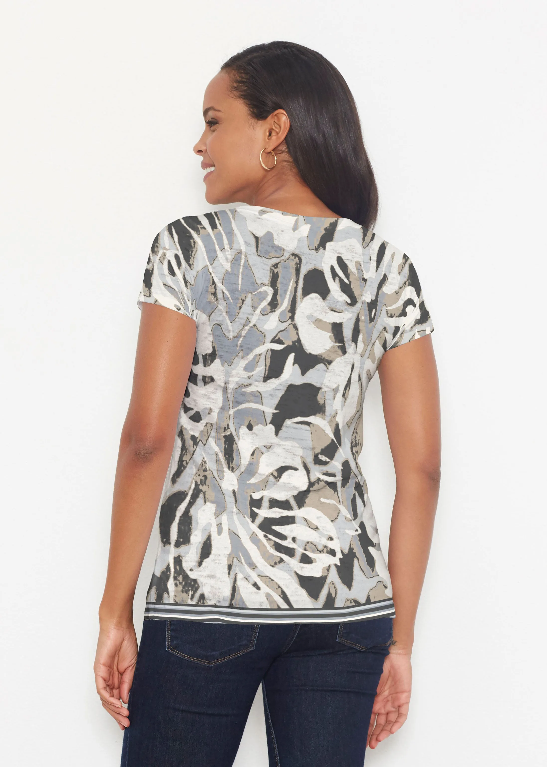 Mystic Floral Stripe Grey (19170) ~ Signature Short Sleeve Scoop Shirt