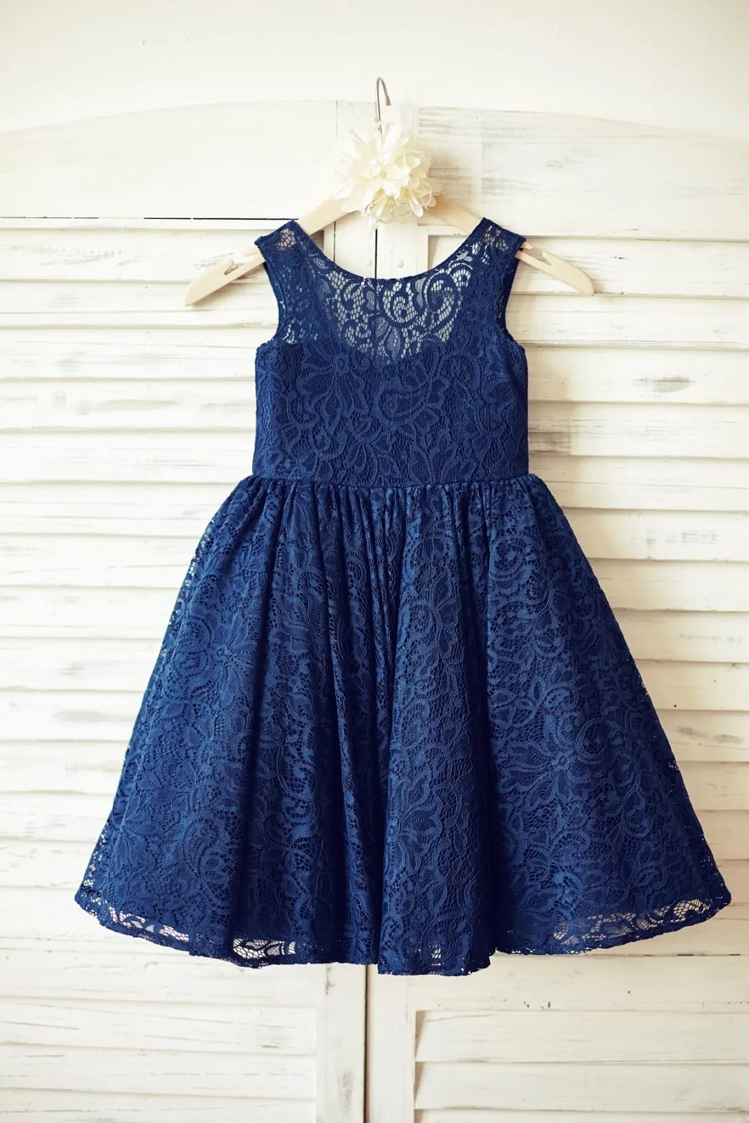 Navy Blue Lace V Back Flower Girl Dress, Big Bow