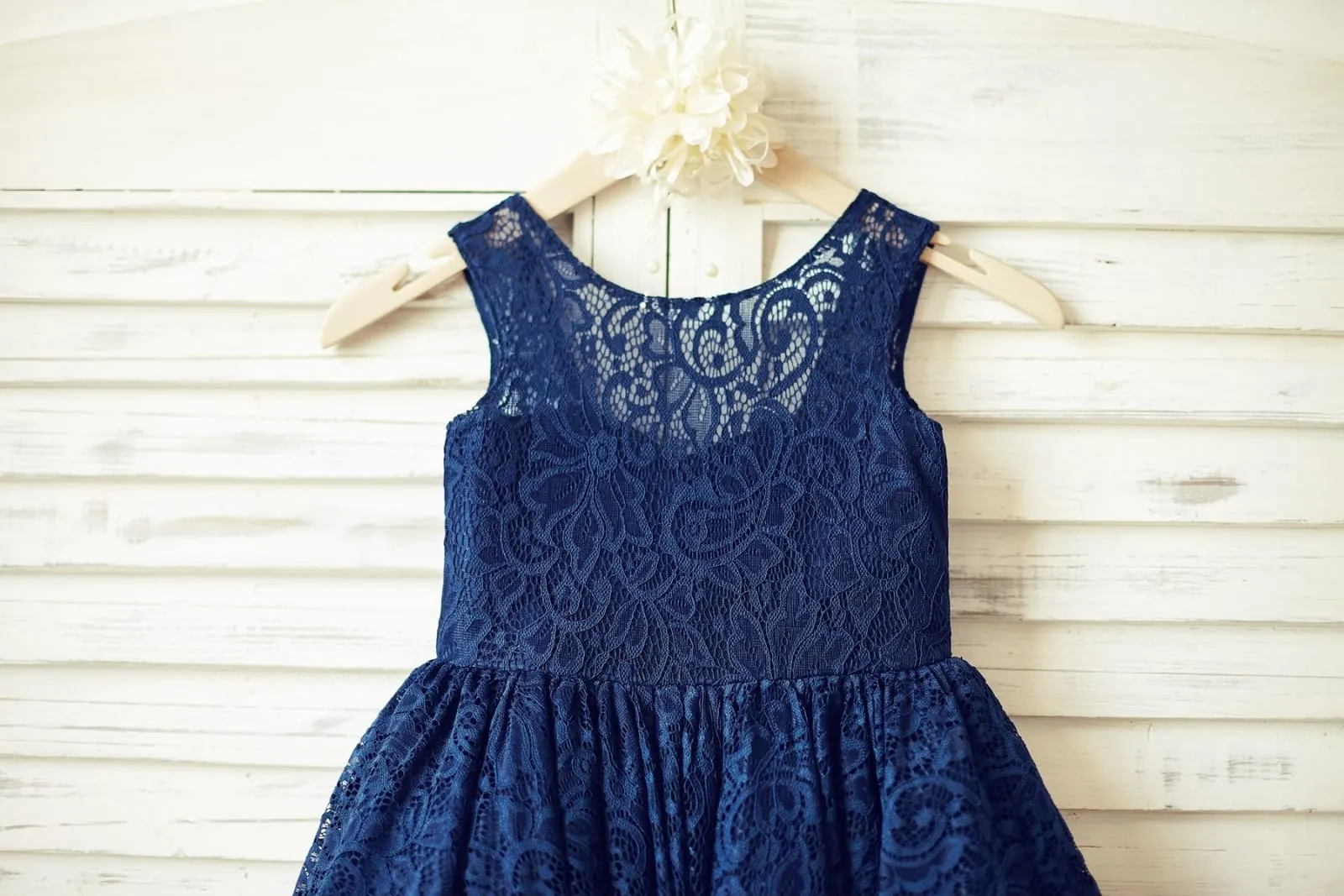 Navy Blue Lace V Back Flower Girl Dress, Big Bow