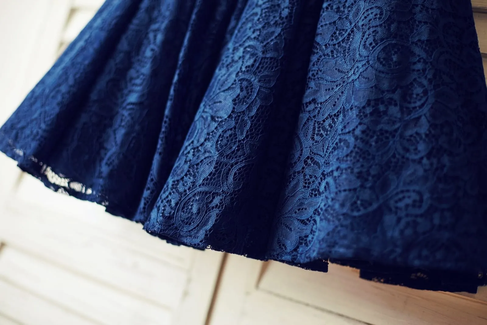 Navy Blue Lace V Back Flower Girl Dress, Big Bow