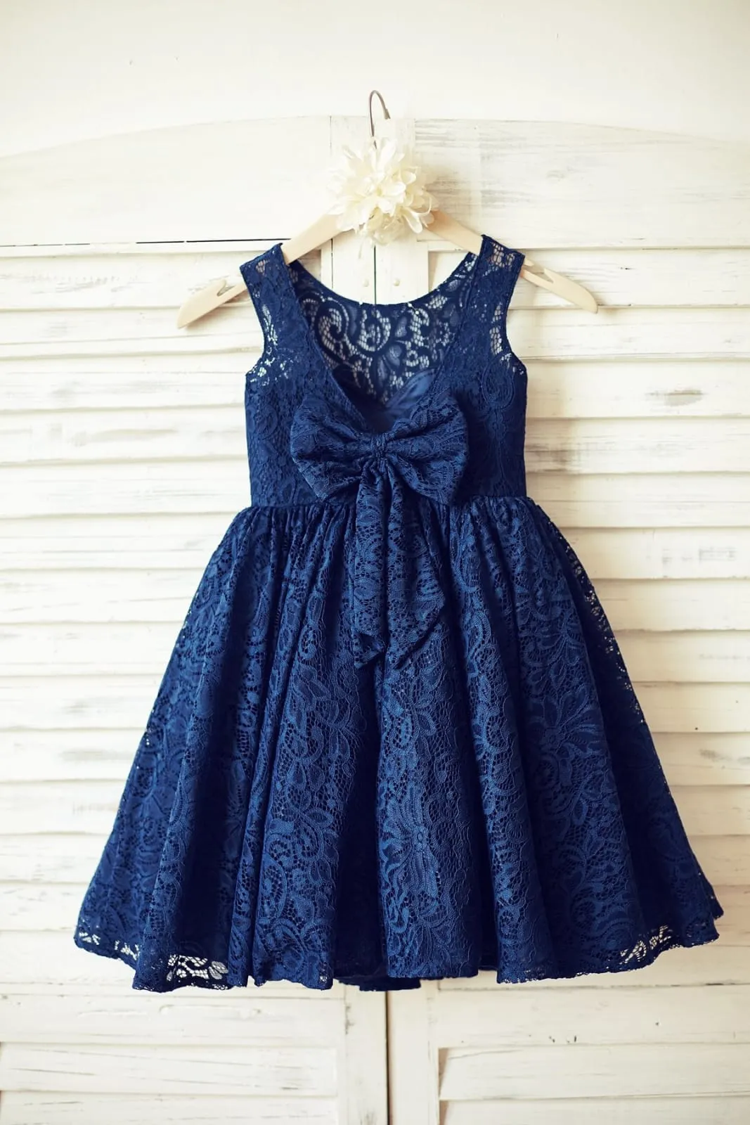 Navy Blue Lace V Back Flower Girl Dress, Big Bow
