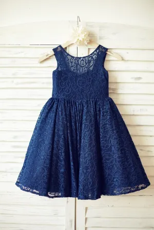 Navy Blue Lace V Back Flower Girl Dress, Big Bow