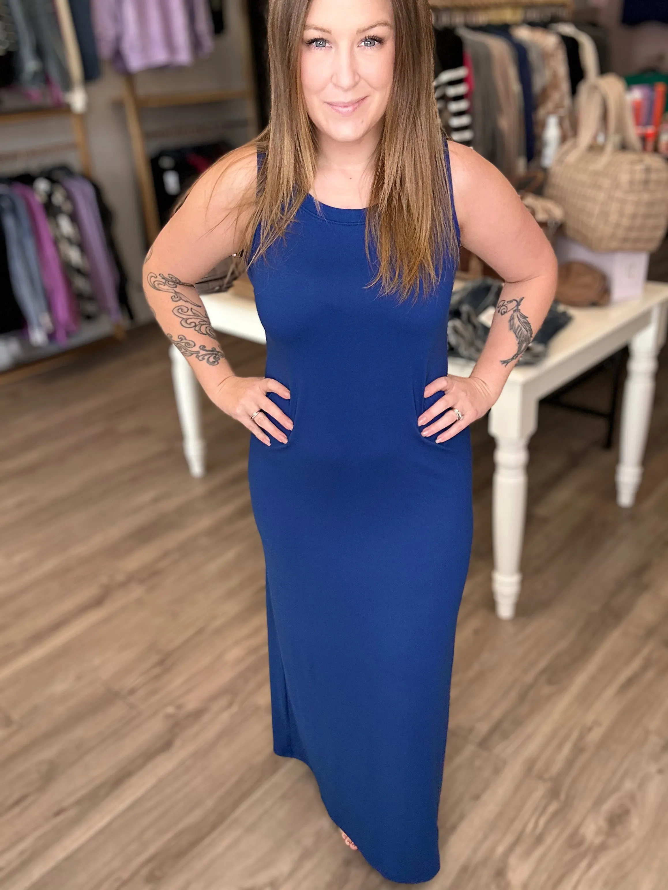 Navy Scoop Neck Maxi Dress