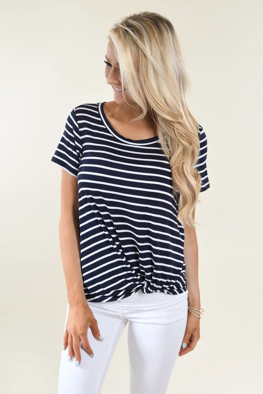 Navy Striped Scoop Neck Knot Top